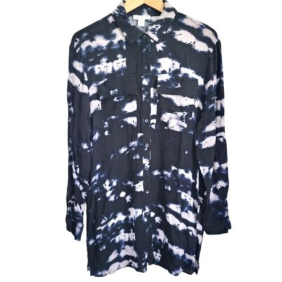 Carolina Belle Black and blue bleach print button down tye dye blouse size Med - Picture 1 of 11